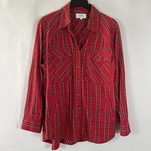 Xirena Shirt Sierra Red Stone Plaid Flannel Large Western Cowgirl Ranch Snap